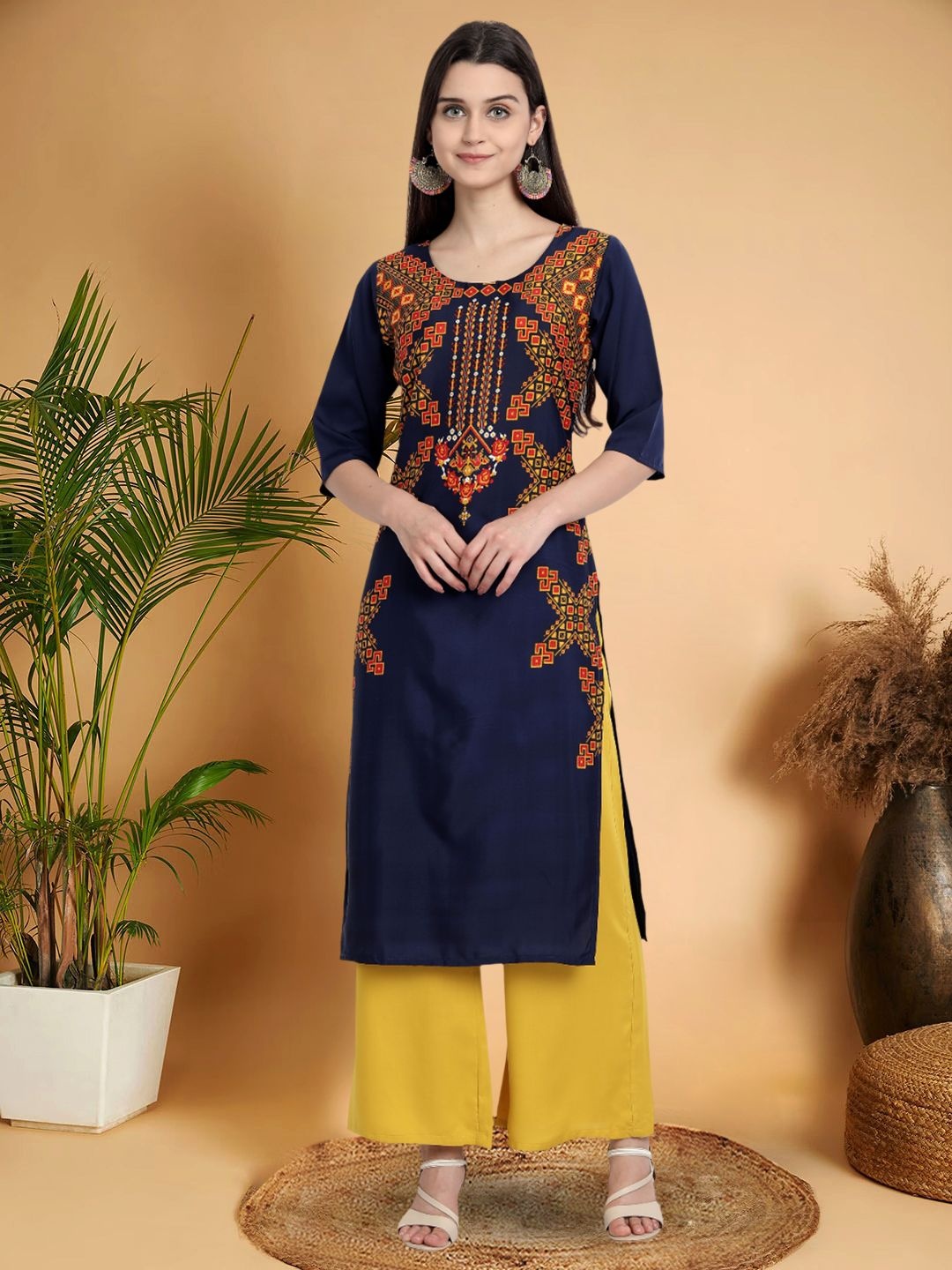 

7Threads Women Ethnic Motifs Printed Floral Crepe Kurta, Navy blue