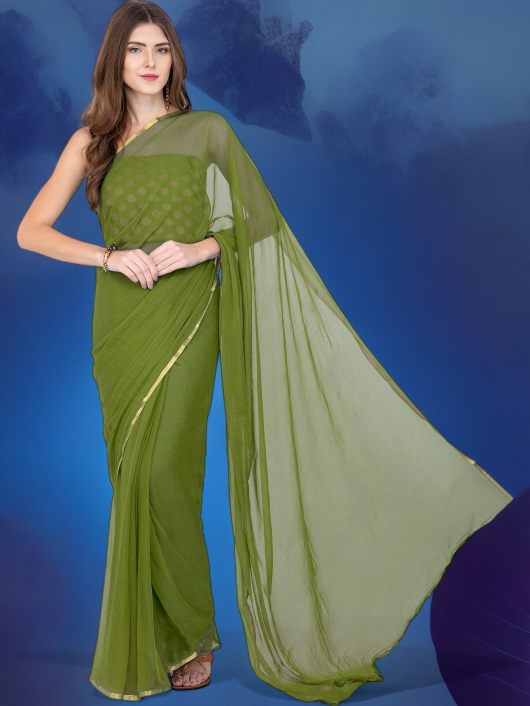 

CLAFOUTIS Poly Chiffon Saree, Olive