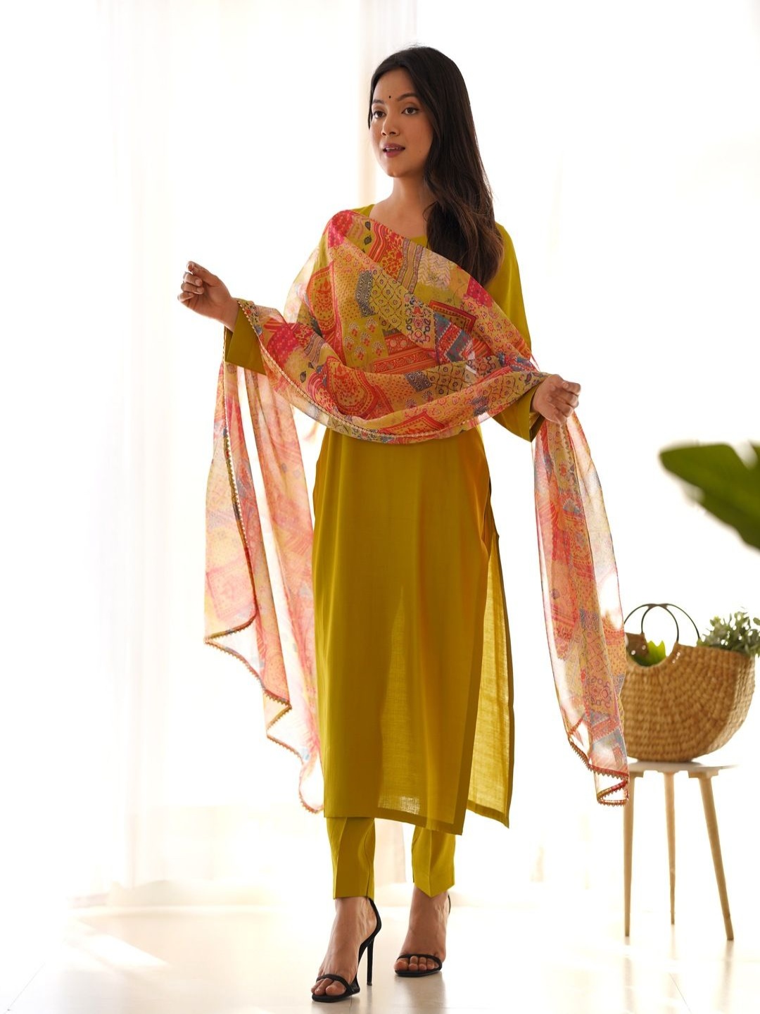 

KALINI Sweetheart Neck Straight Kurta With Pyjama And Dupatta, Yellow