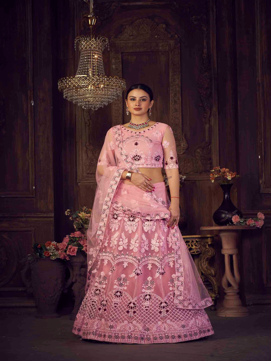 

Warthy Ent Embroidered Thread Work Semi-Stitched Lehenga & Unstitched Blouse With Dupatta, Pink