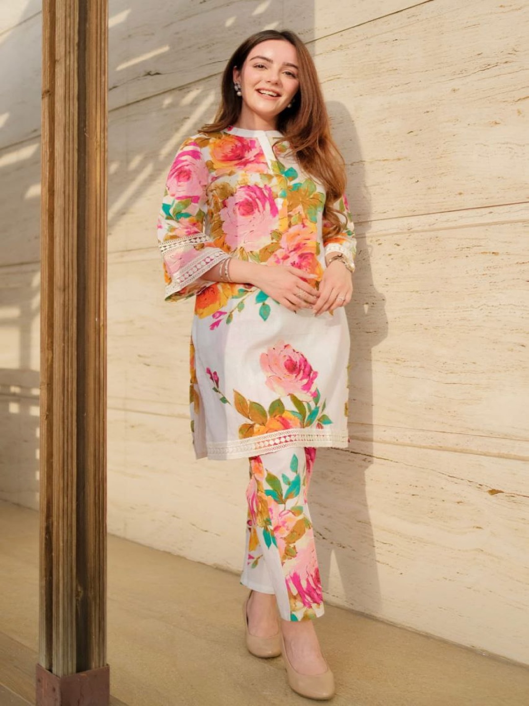 

Modestouze Attires Printed Three Quarter Sleeve Tunic & Trouser Co-Ords, White