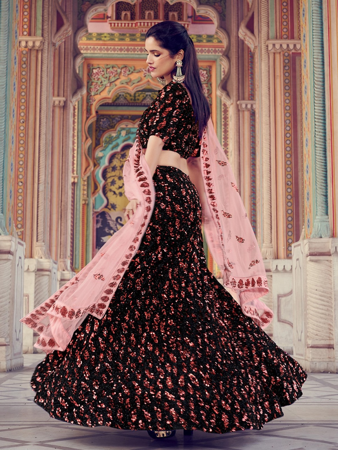 

Fusionic Floral Embroidered Sequinned Semi-Stitched Lehenga & Unstitched Blouse & Dupatta, Black
