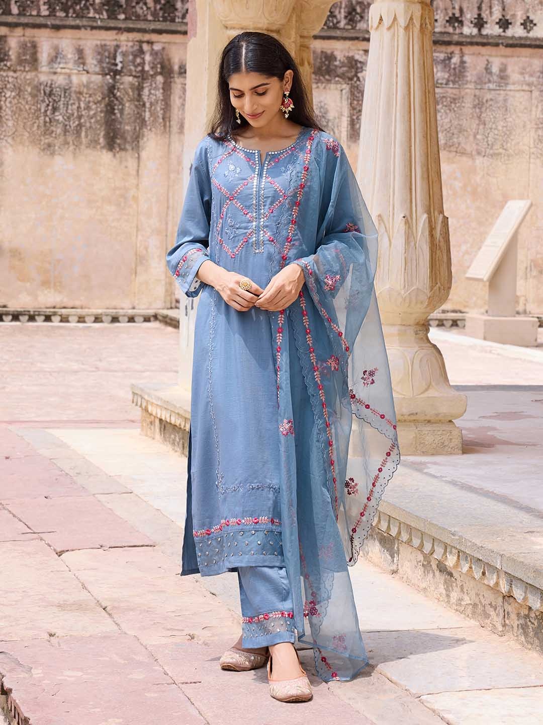 

KALINI Floral Embroidered Thread Work Kurta with Trousers & Dupatta, Blue
