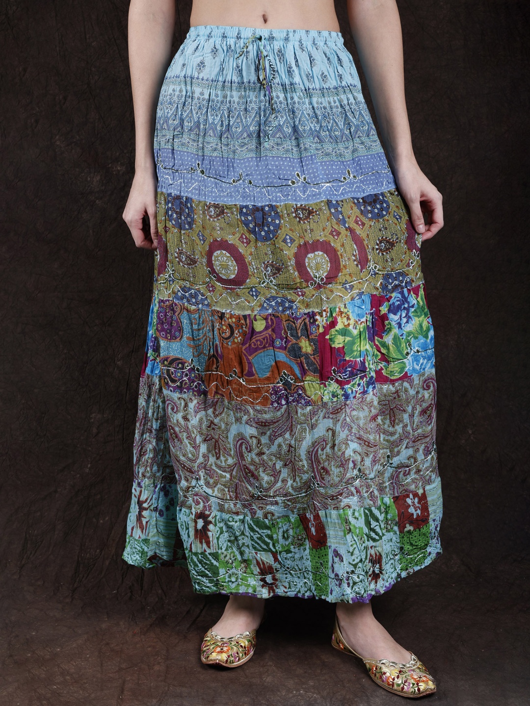 

Exotic India Ethnic Motifs Printed Flared Maxi Skirt, Green