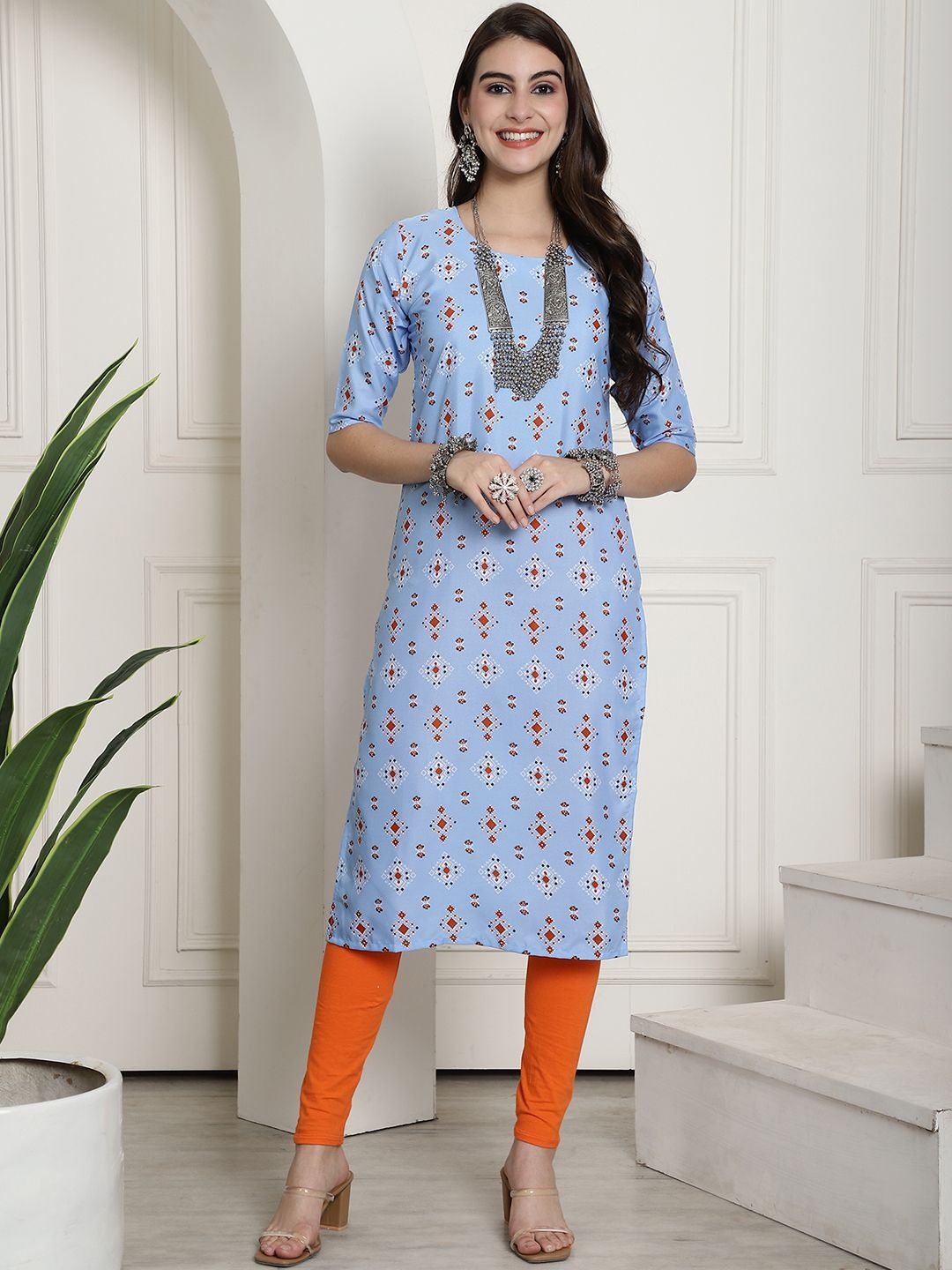 

7Threads Selection of 6 Floral & Geometric Printed Round Neck Straight Kurtas, Blue