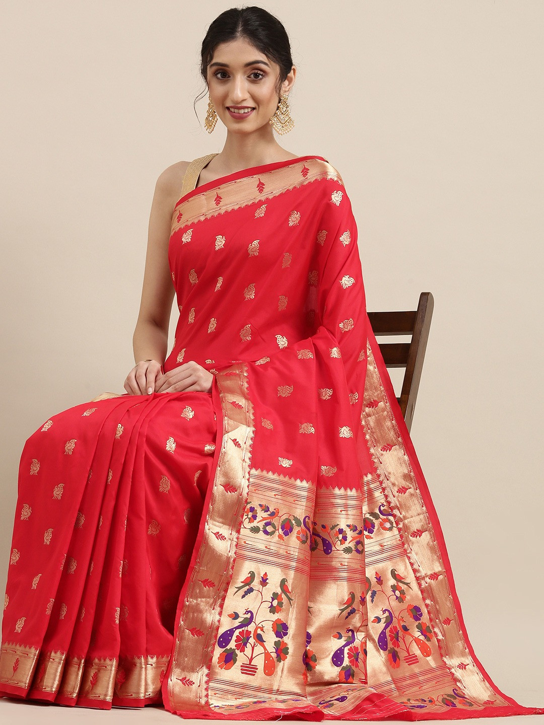 

LeeliPeeri Designer Woven Design Zari Silk Blend Paithani Saree, Red