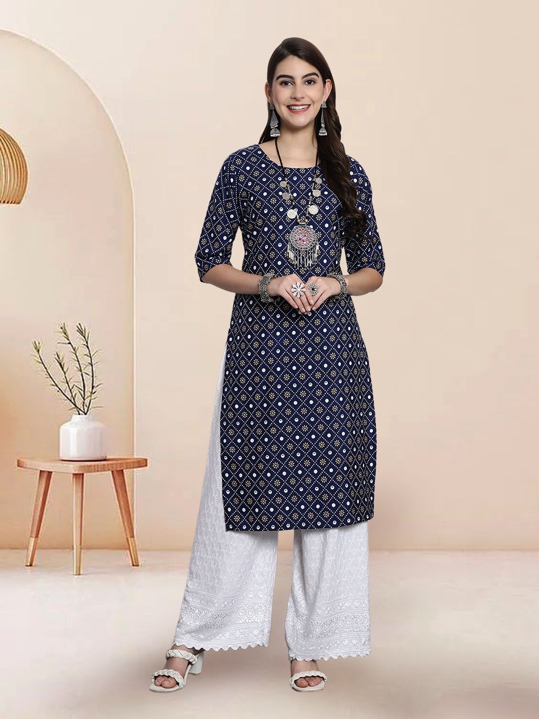 

7Threads Women Ethnic Motifs Printed Floral Crepe Kurta, Blue