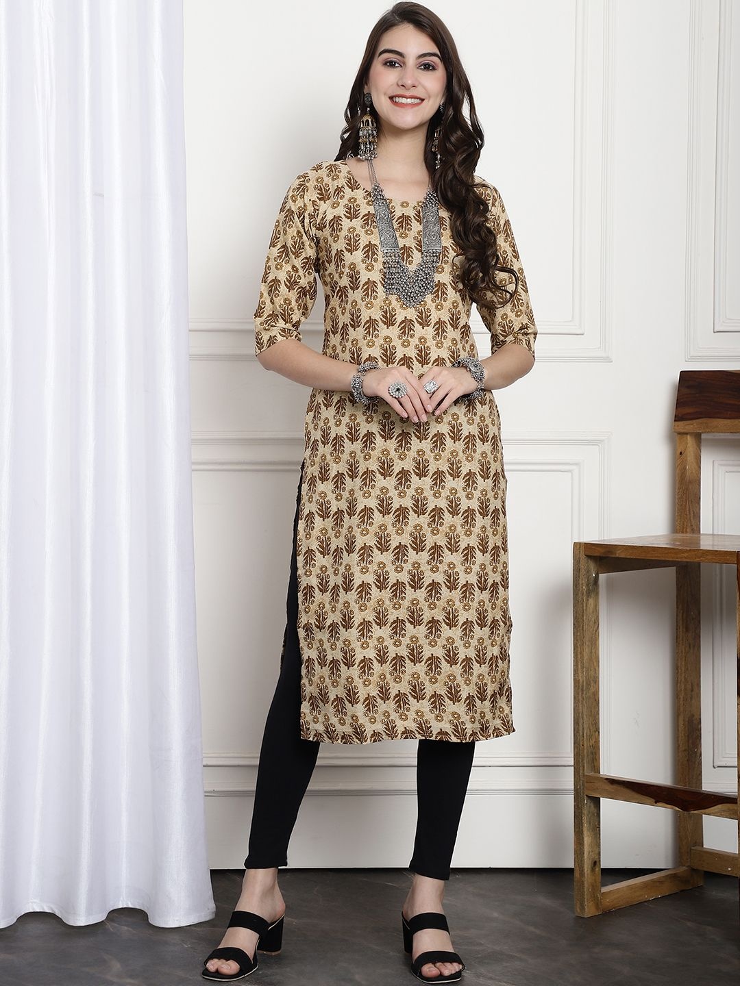 

7Threads Selections of 6 Ethnic Motifs Printed Straight Kurta, Brown