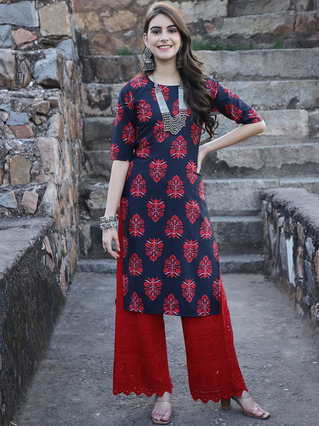 

7Threads Selection Of 6 Ethnic Motifs Printed Round Neck Straight Kurtas, Navy blue