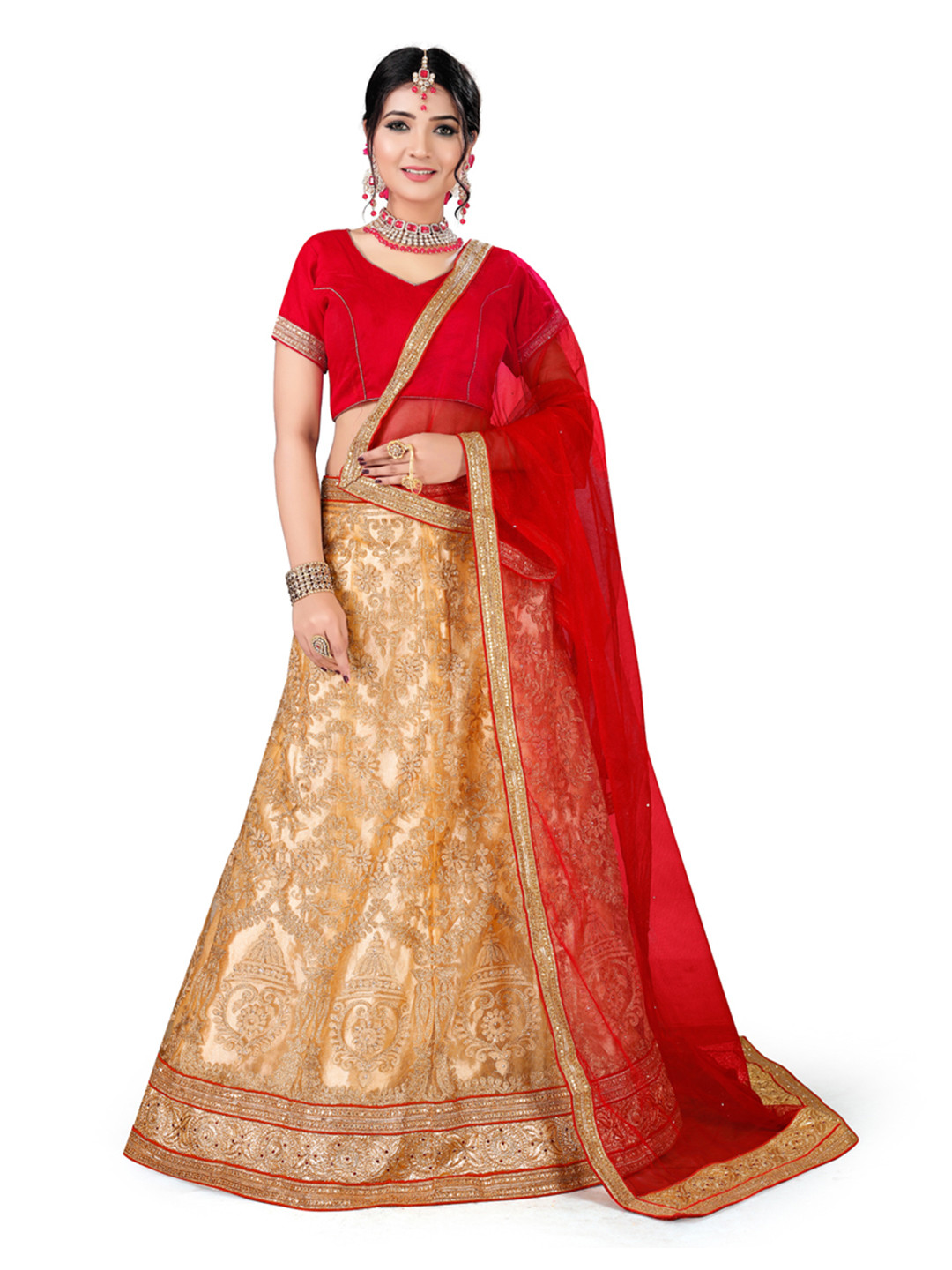 

Maroosh Embroidered Thread Work Unstitched Lehenga & Blouse With Dupatta, Beige
