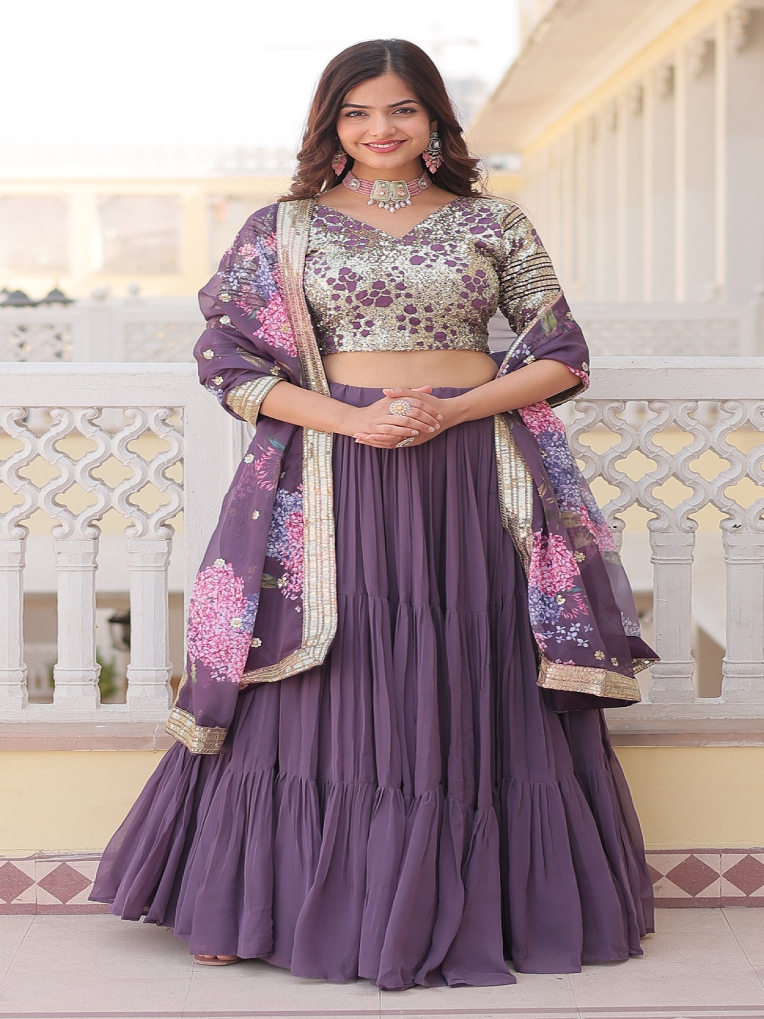 

KALINI Embroidered Beads and Stones Semi-Stitched Lehenga & Unstitched Blouse With Dupatta, Purple