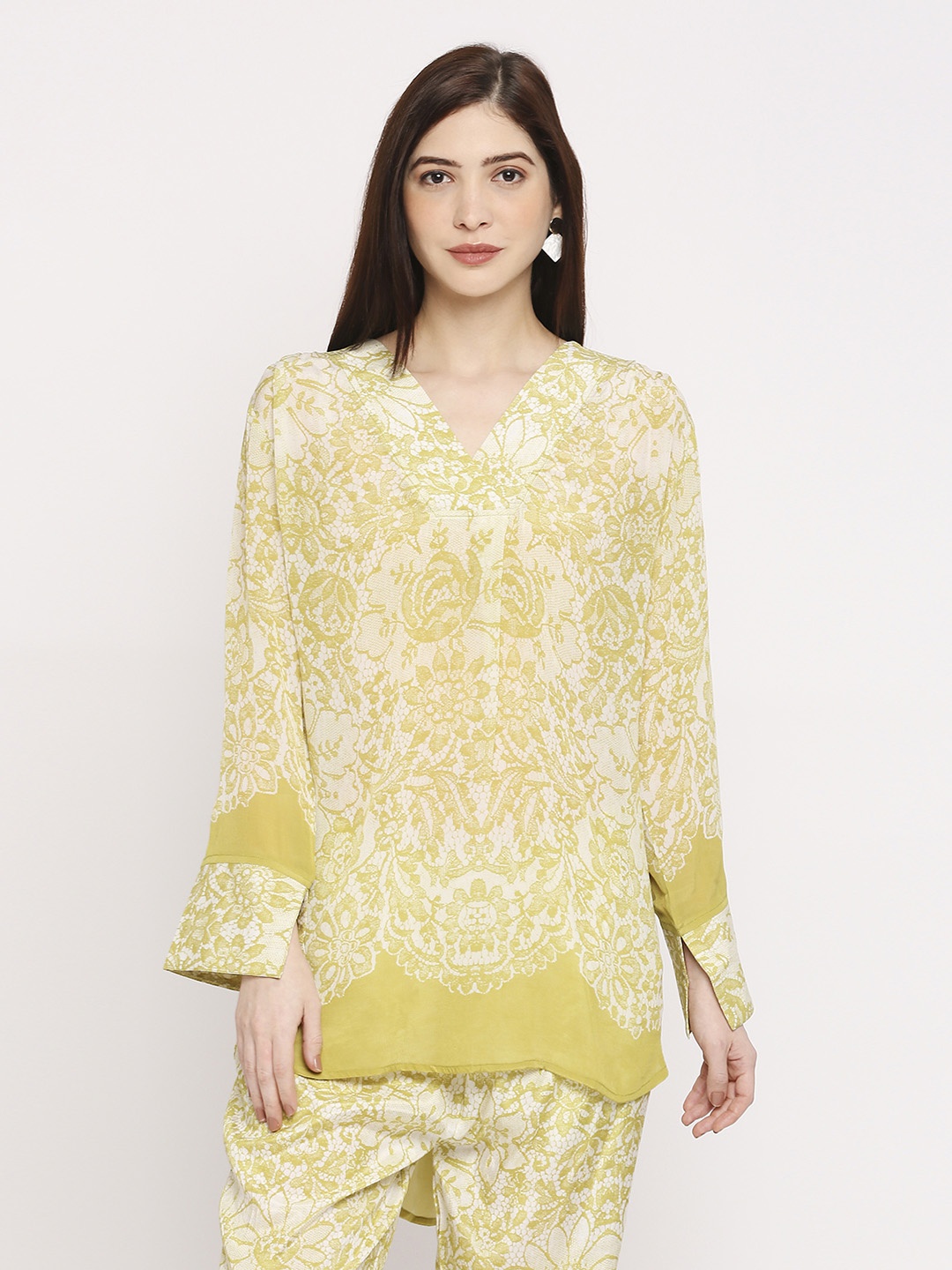 

Cloth Haus India Floral Print Mandarin Collar Top, Lime green