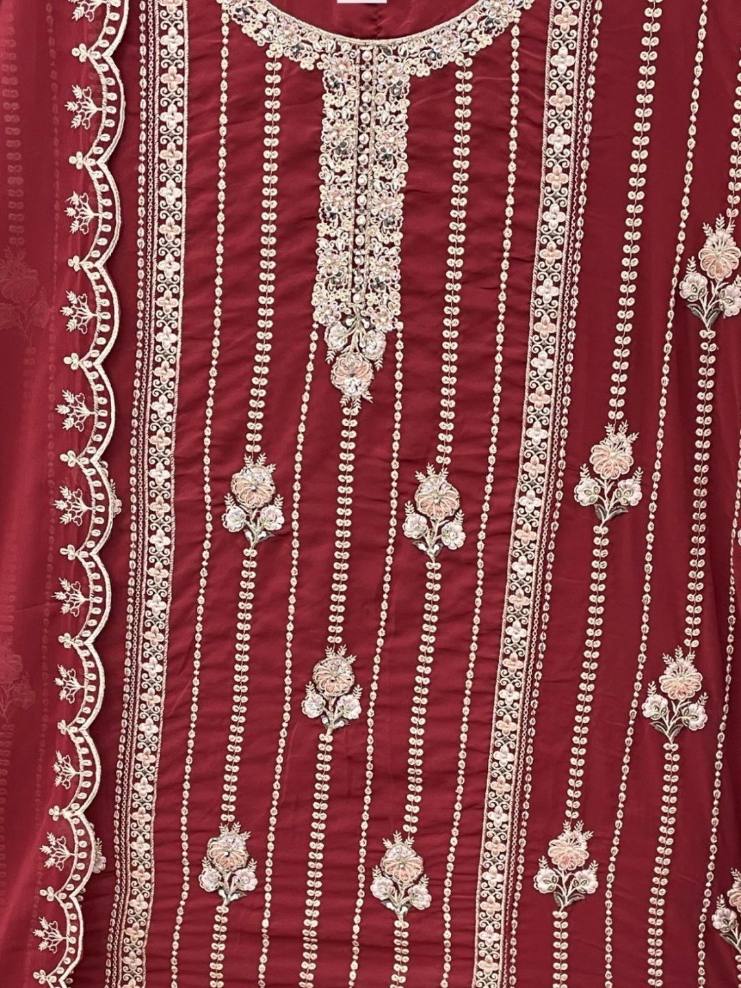

ODETTE Floral Embroidered Sequinned Georgette Straight Kurta With Trouser & Dupatta, Maroon