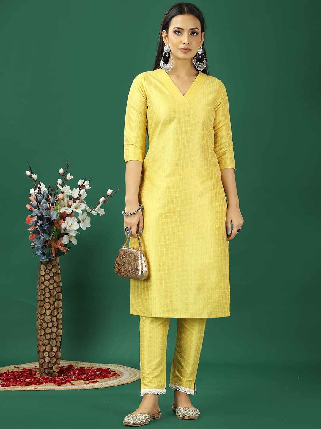 

Ethnovog Striped Woven Design V Neck Straight Kurta with Trouser, Yellow