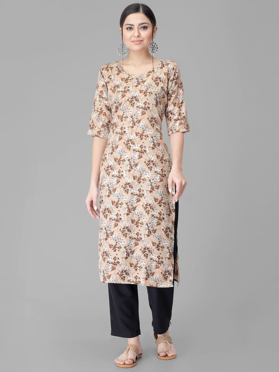 

7Threads Floral Printed Round Neck Straight Kurta with Trousers, Beige