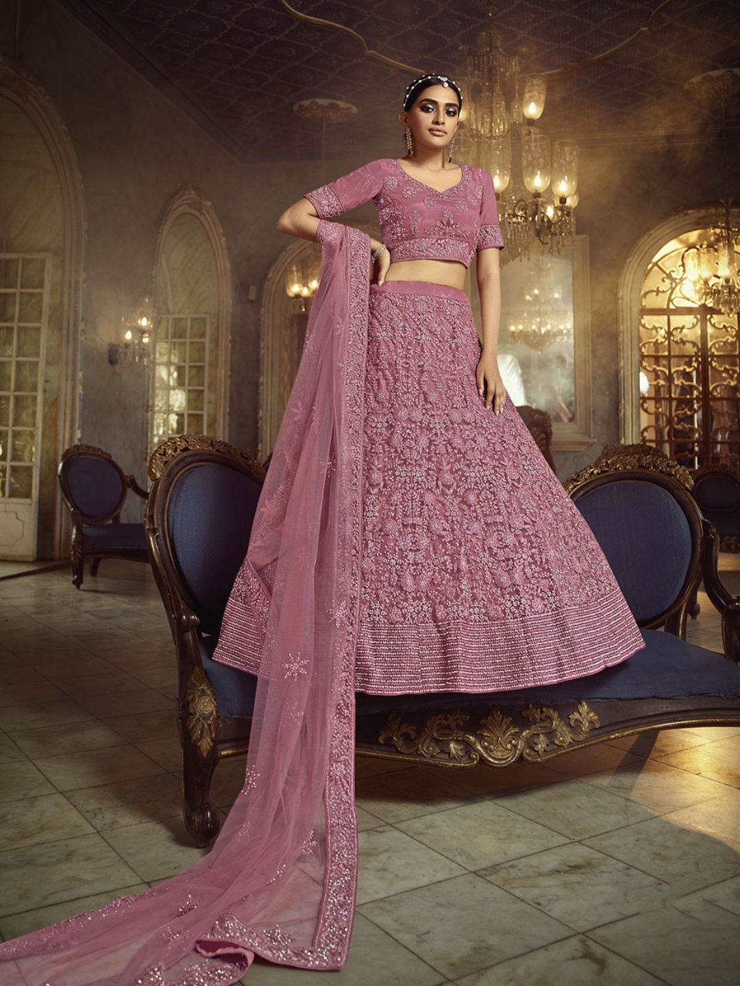

Fusionic Embroidered Net Semi-Stitched Lehenga & Unstitched Blouse With Dupatta, Pink