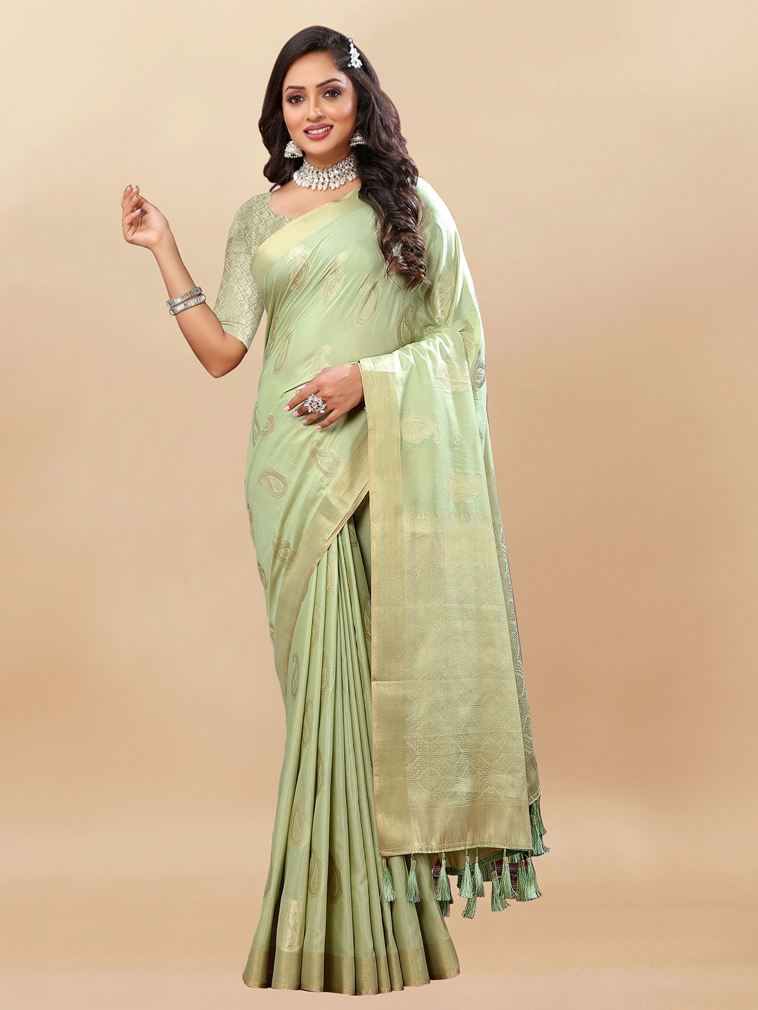 

Mitera Ethnic Motifs Zari Pure Silk Banarasi Saree, Green