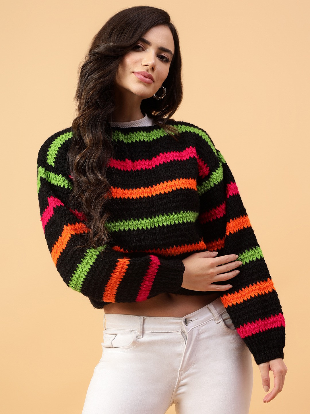 

Velvery Women Striped Pullover with Applique Detail, Black