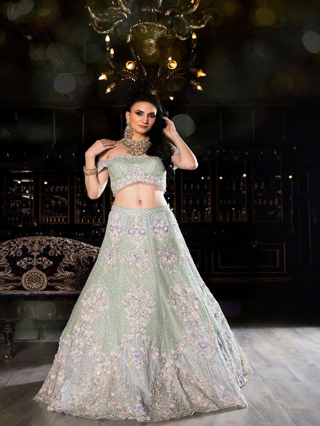 

KIASA By Ronak & Shruti ISABELLE Embellished Beads & Stones Ready To Wear Lehenga Choli, Green