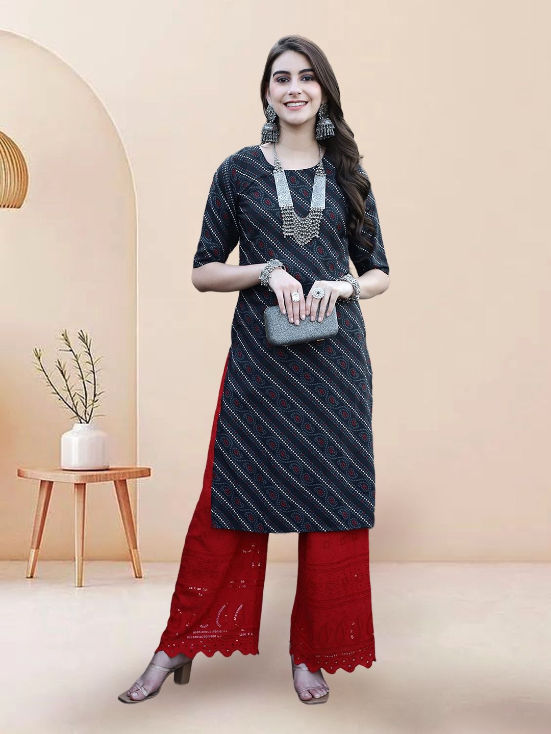 

7Threads Bandhani Printed Round Neck Straight Kurta, Black