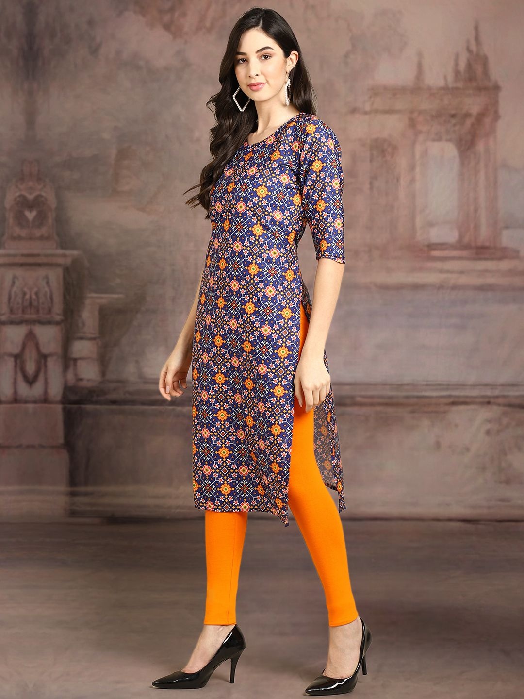 

7Threads Ethnic Motifs Printed Round Neck Straight Crepe Kurta, Blue