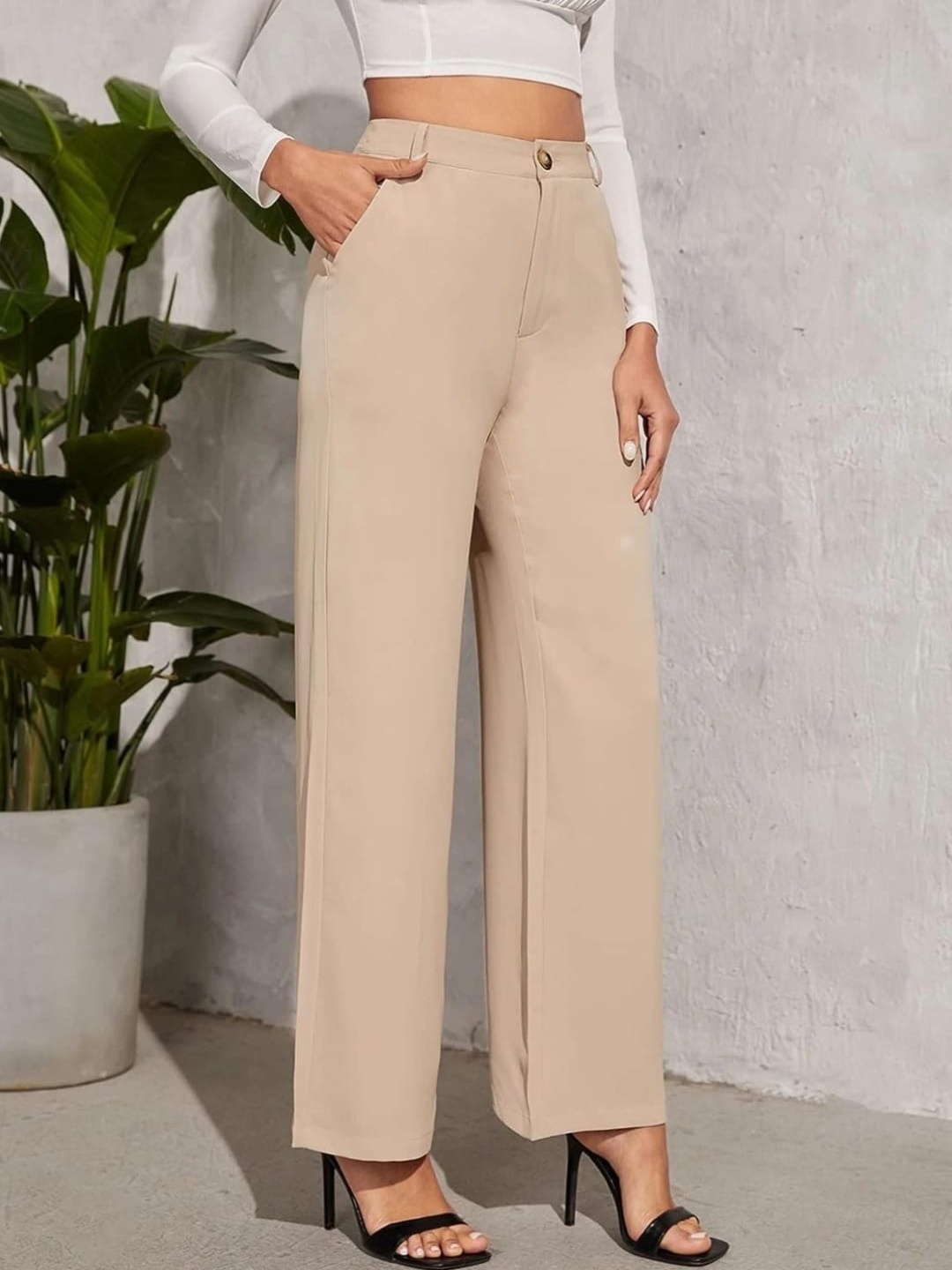 

BROADSTAR Women Smart High-Rise Easy Wash Trousers, Beige