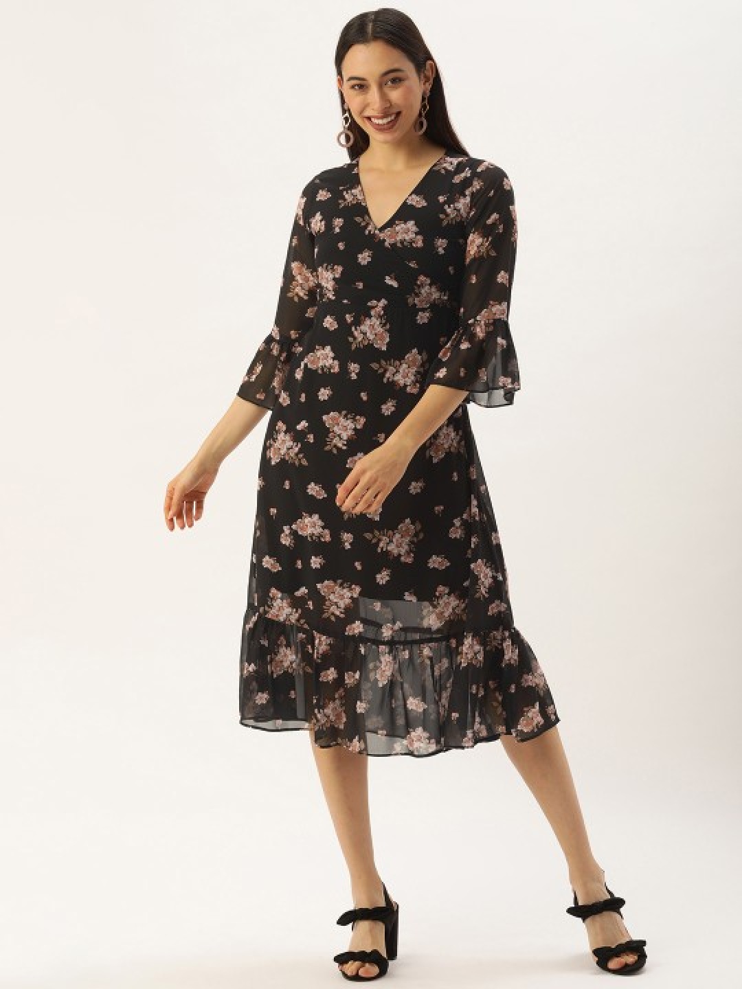 

MELOSO Floral Print Bell Sleeve Georgette Fit & Flare Maxi Dress, Black