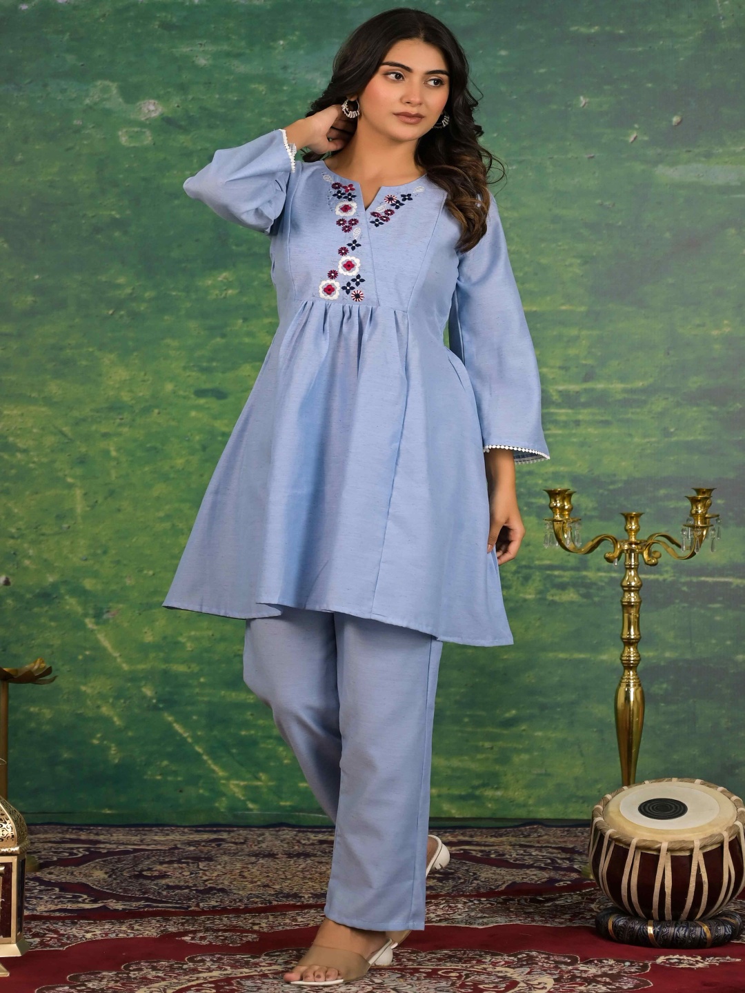 

Peachmode Floral Embroidered Thread Work Pure Cotton Anarkali Kurti With Trouser, Blue