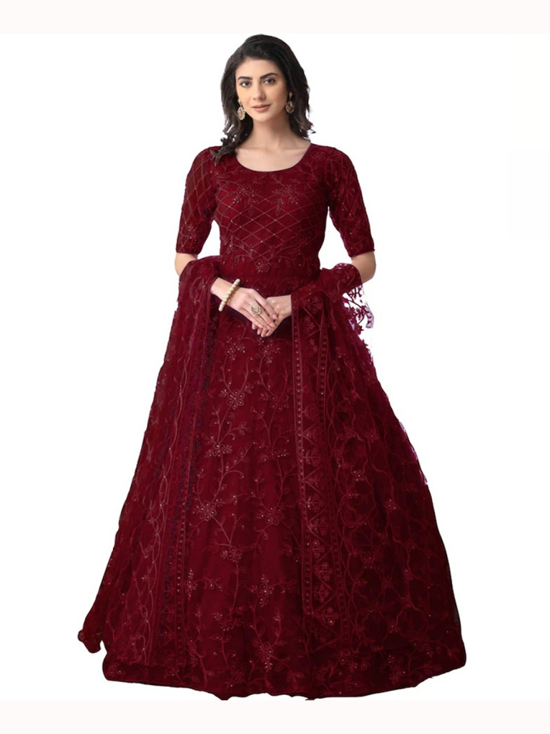 

Aika Embroidered Net Fit & Flare Maxi Dress, Maroon
