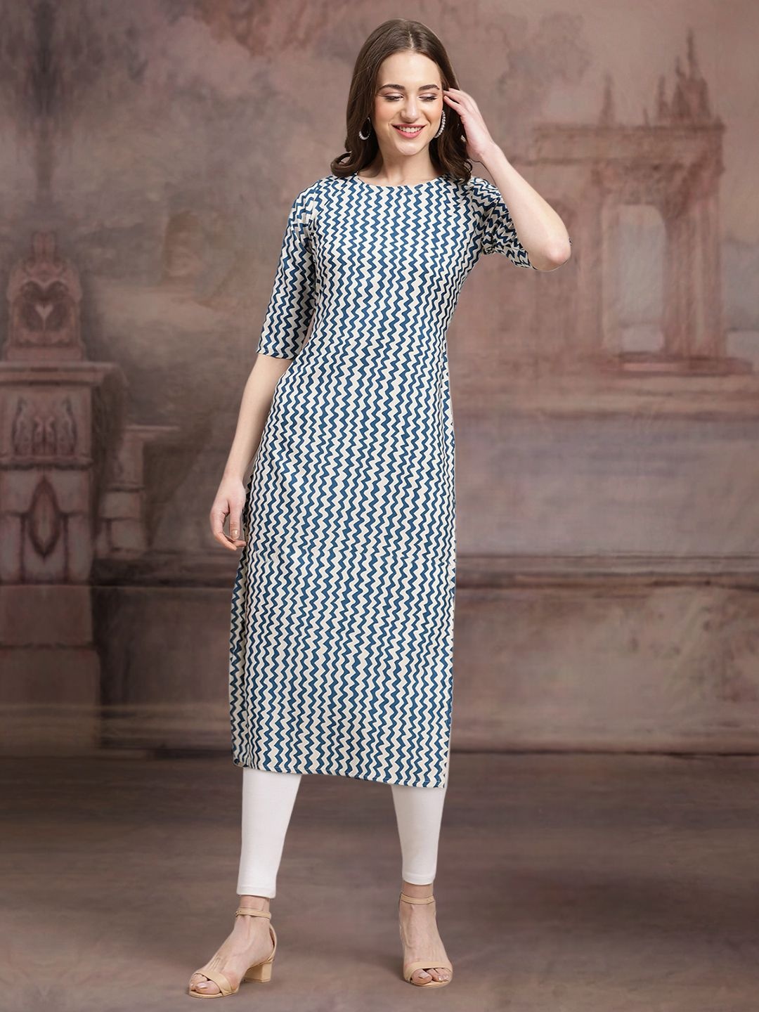 

7Threads Chevron Printed Round Neck Straight Kurta, Blue