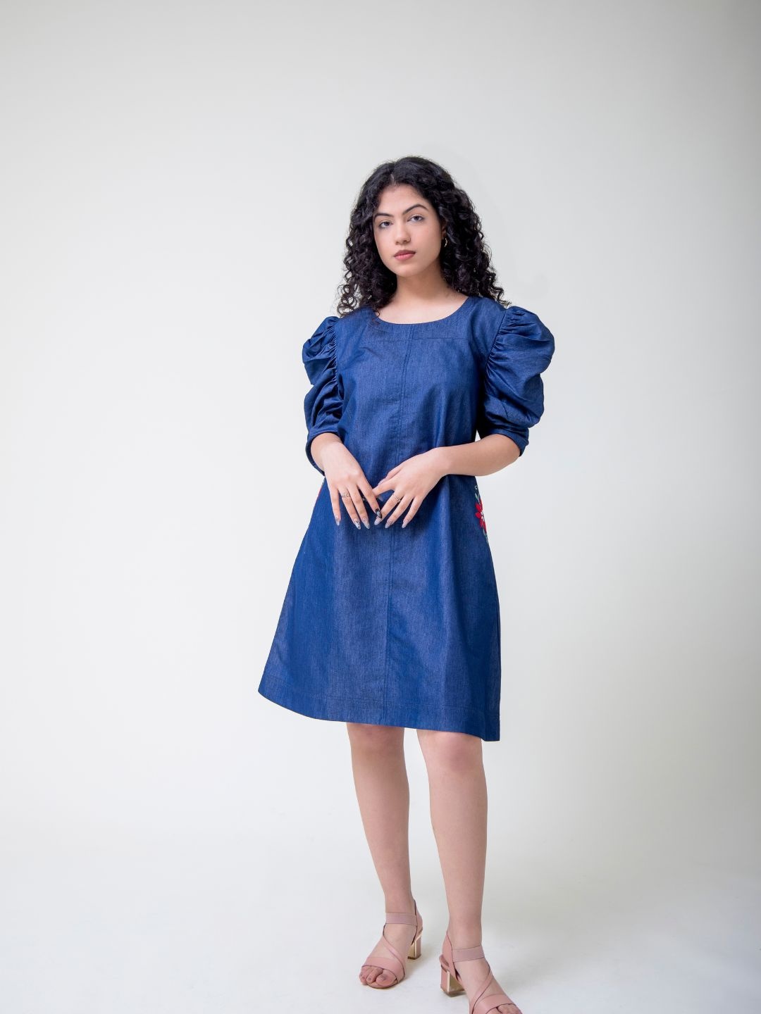 

SUNFAIRY Puff Sleeve Denim Fit & Flare Dress, Blue