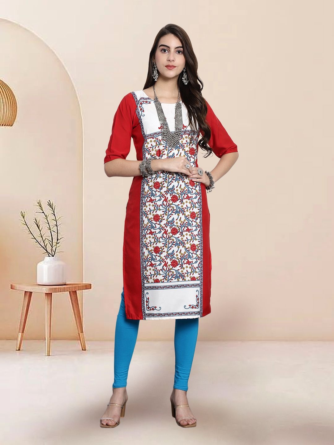 

7Threads Floral Printed Straight Crepe Kurta, Red