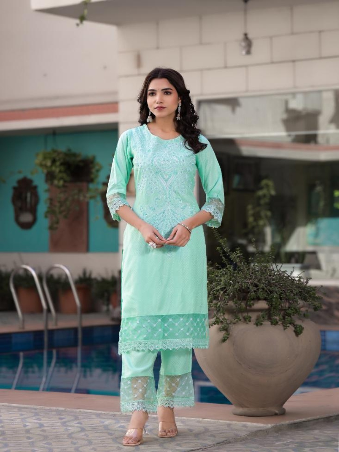

FLAVIA CREATION Ethnic Motifs Pure Cotton Kurta With Trousers & Dupatta, Green