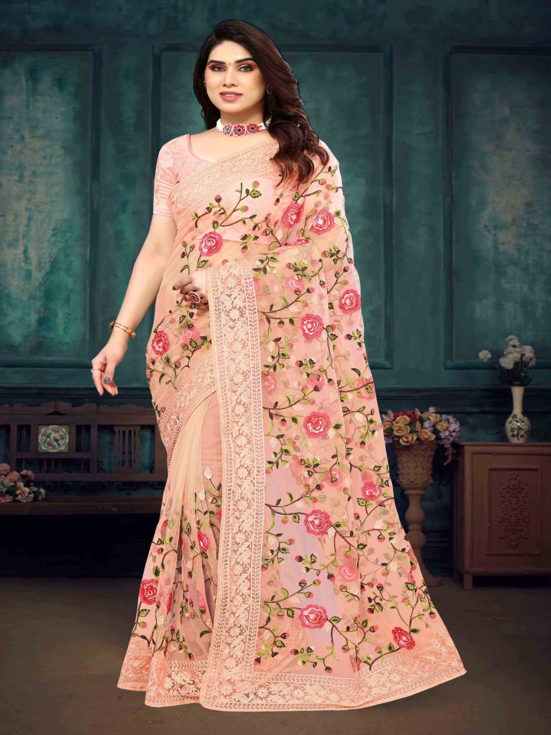 

NIRMAL CREATION Foral Embroidered Maheshwari Saree, Peach