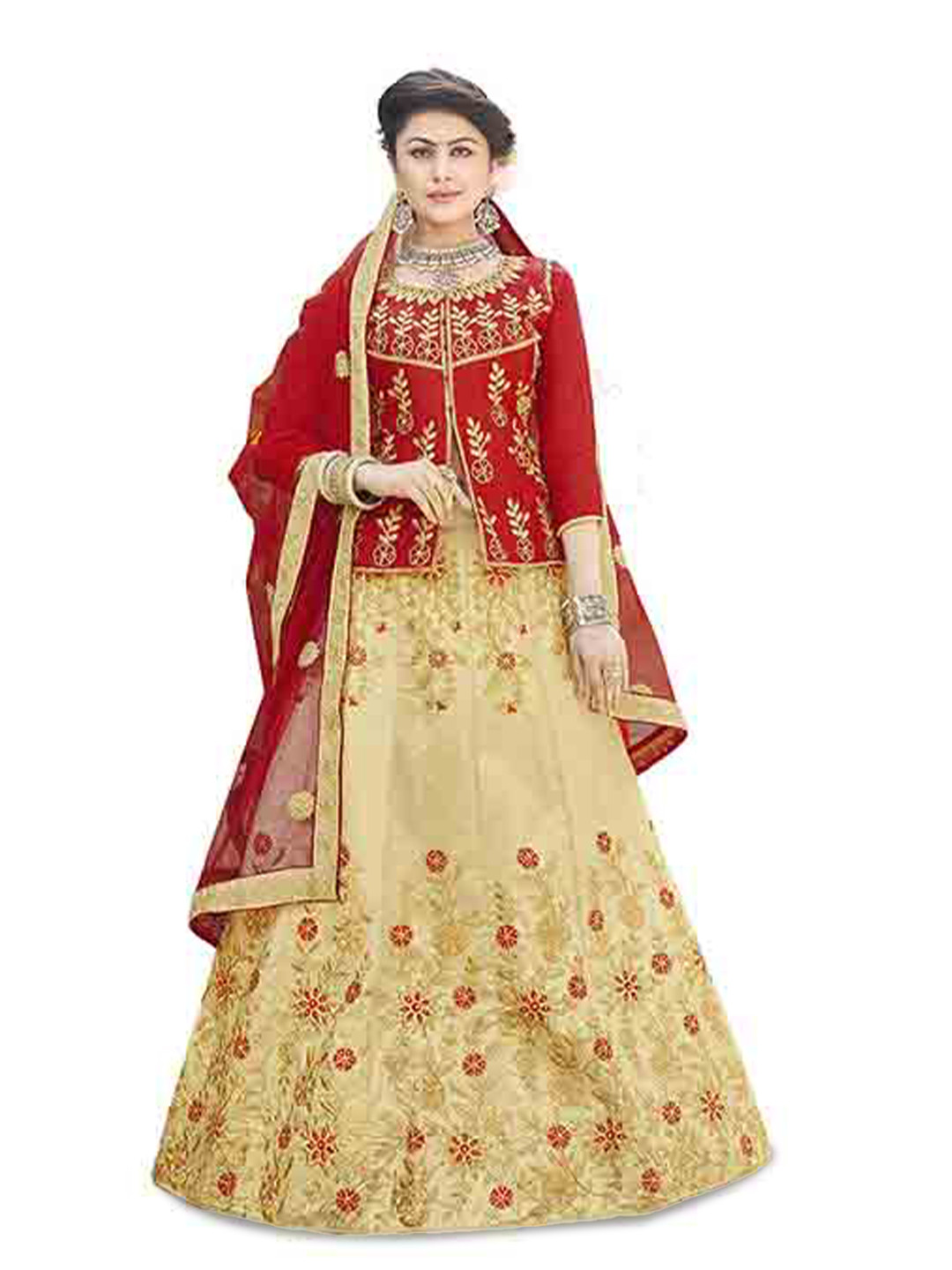 

Maroosh Embroidered Thread Work Unstitched Lehenga & Blouse With Dupatta, Beige