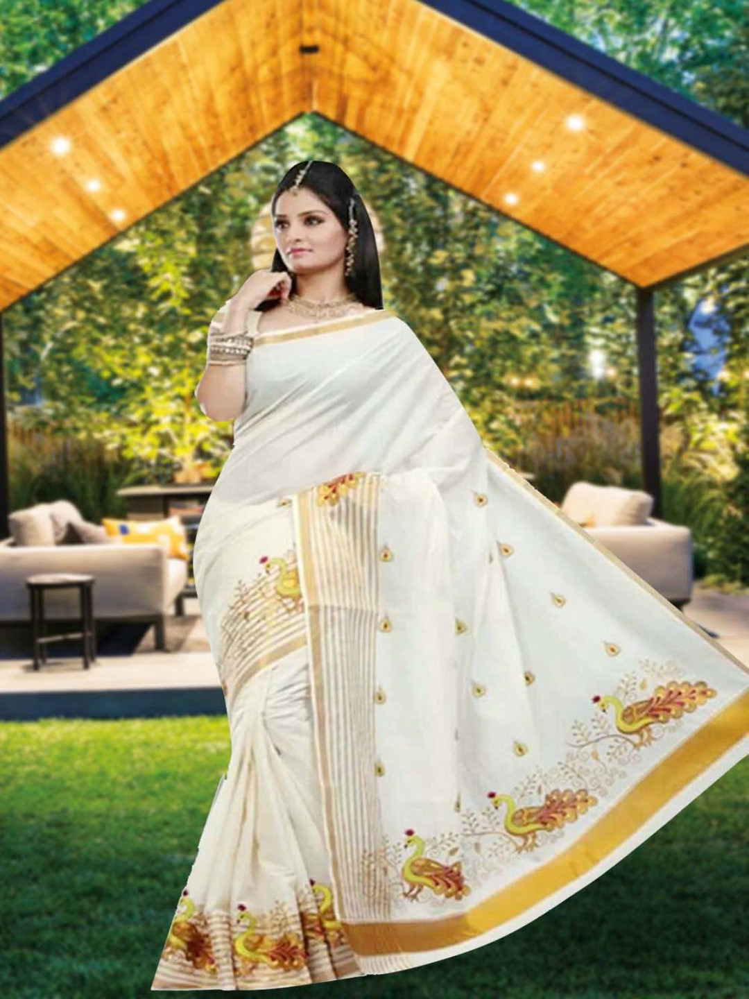 

Rst R Selvamani Tex Women Woven Design Abstract Pure Cotton Kasavu Saree, Off white