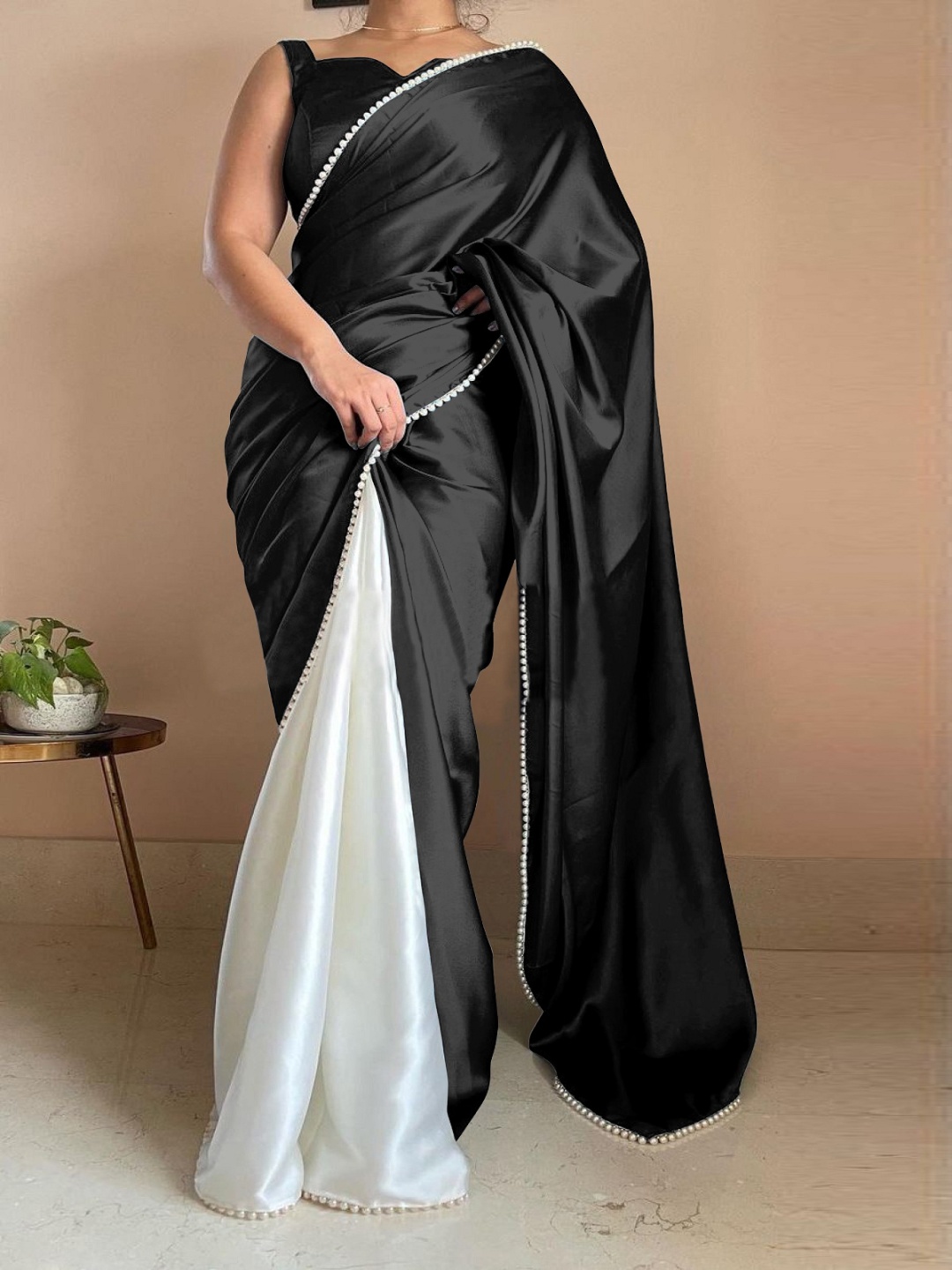 

Aika Solid Satin Half and Half Saree, Black