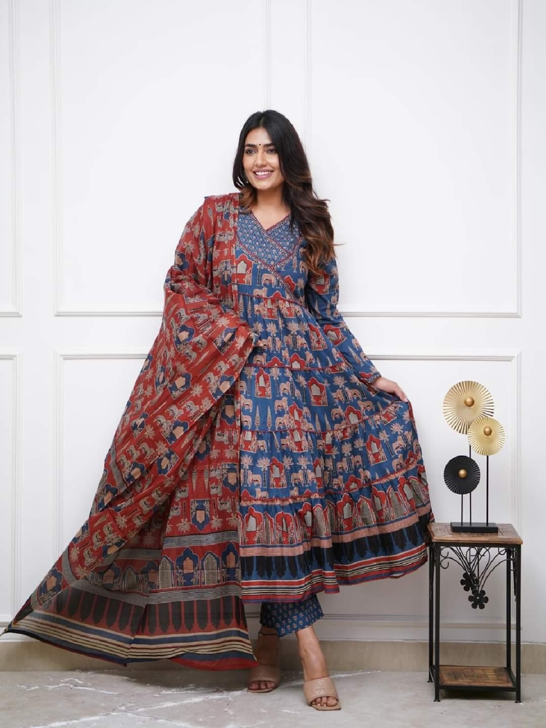 

Yara Creation Ethnic Motifs Printed Pure Cotton Anarkali Kurta With Trouser With Dupatta, Blue