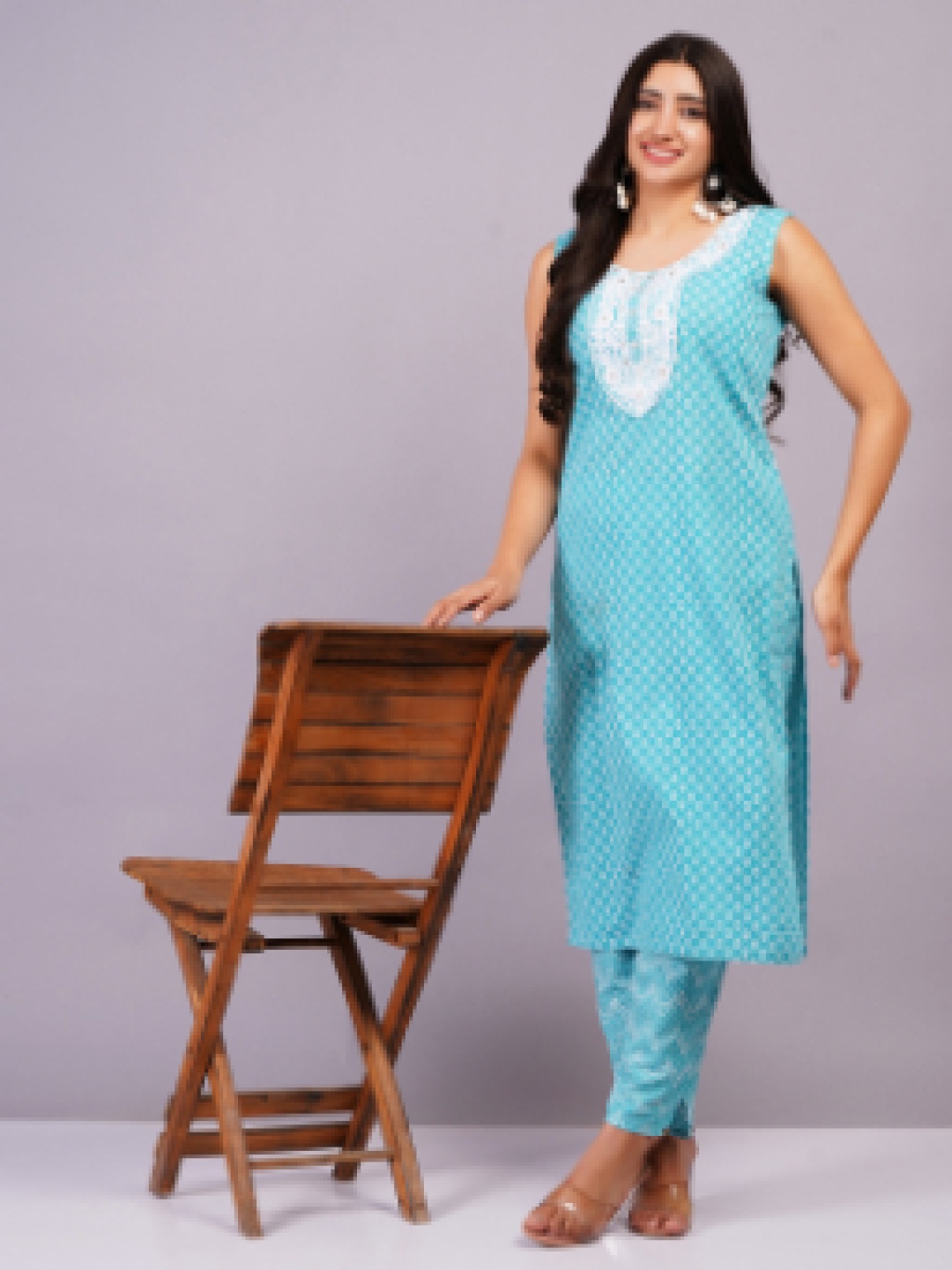 

KALINI Ethnic Motifs Embroidered Thread Work Pure Cotton Straight Kurta With Trouser, Blue