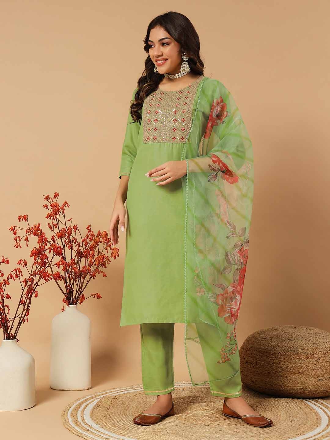 

MORLY Embroidered Thread Work Straight Kurta with Trousers & With Dupatta, Green