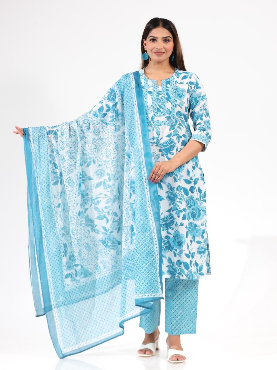 

Aramya Floral Printed Notch Neck Soft Cotton Straight Kurta With Trousers & Dupatta, Blue