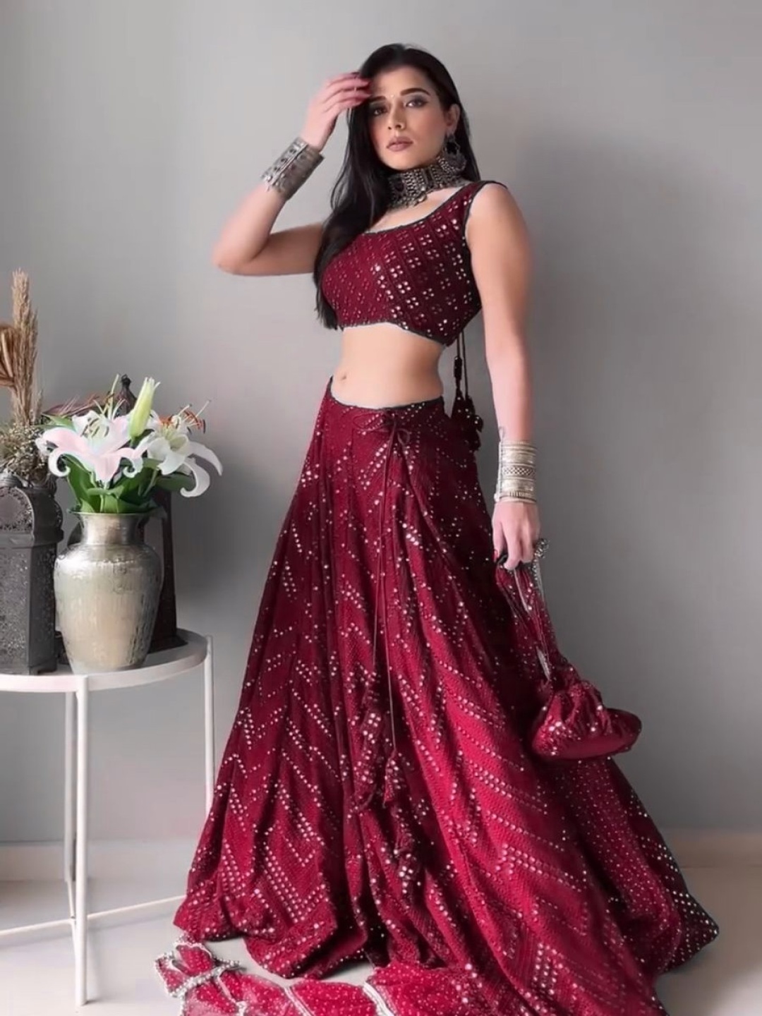 

Cute fellow Embroidered Sequinned Semi-Stitched Lehenga & Unstitched Blouse With Dupatta, Maroon