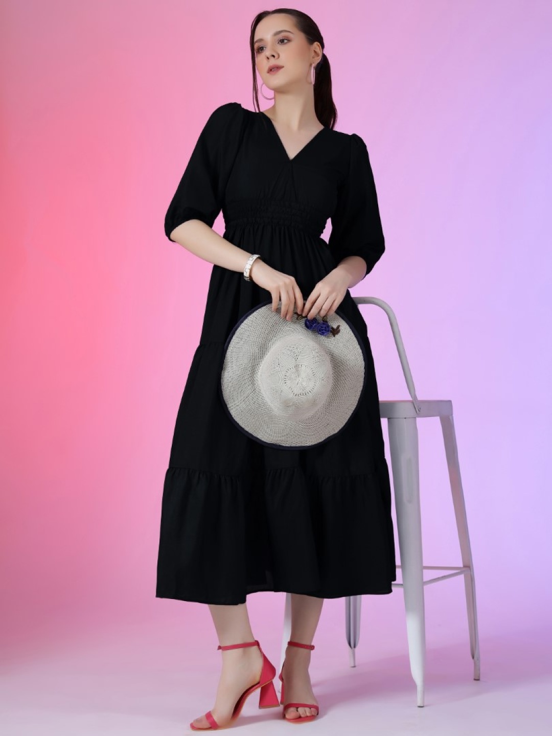

Raiyani Enterprise Women V-Neck Puff Sleeves Fit & Flare Maxi Dress, Black