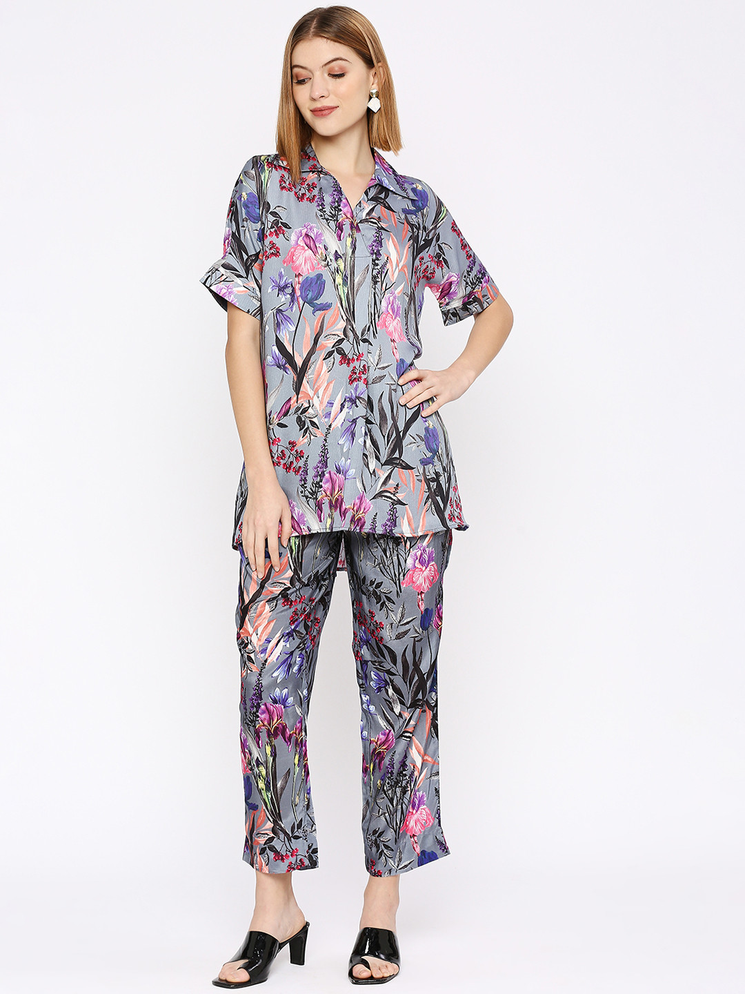 

Cloth Haus India Shirt Collar Floral Print Shirt Style Top, Grey