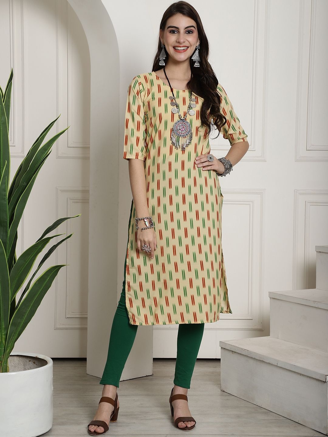 

7Threads Selection Of 6 Ethnic Motifs Printed Round Neck Straight Kurta, Beige