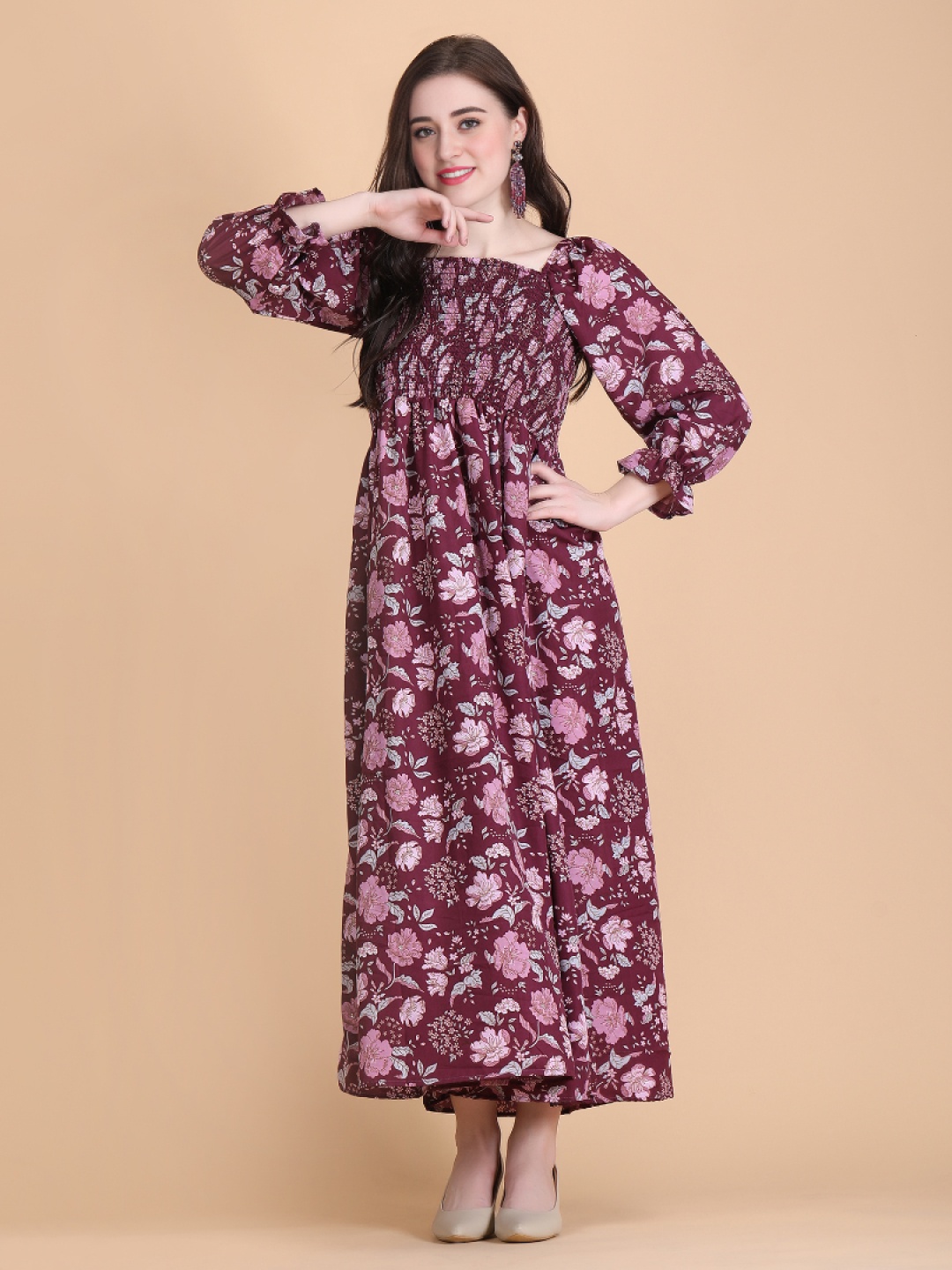 

STARWORD Women Floral Printed Puff Sleeves Fit & Flare Maxi Dress, Brown