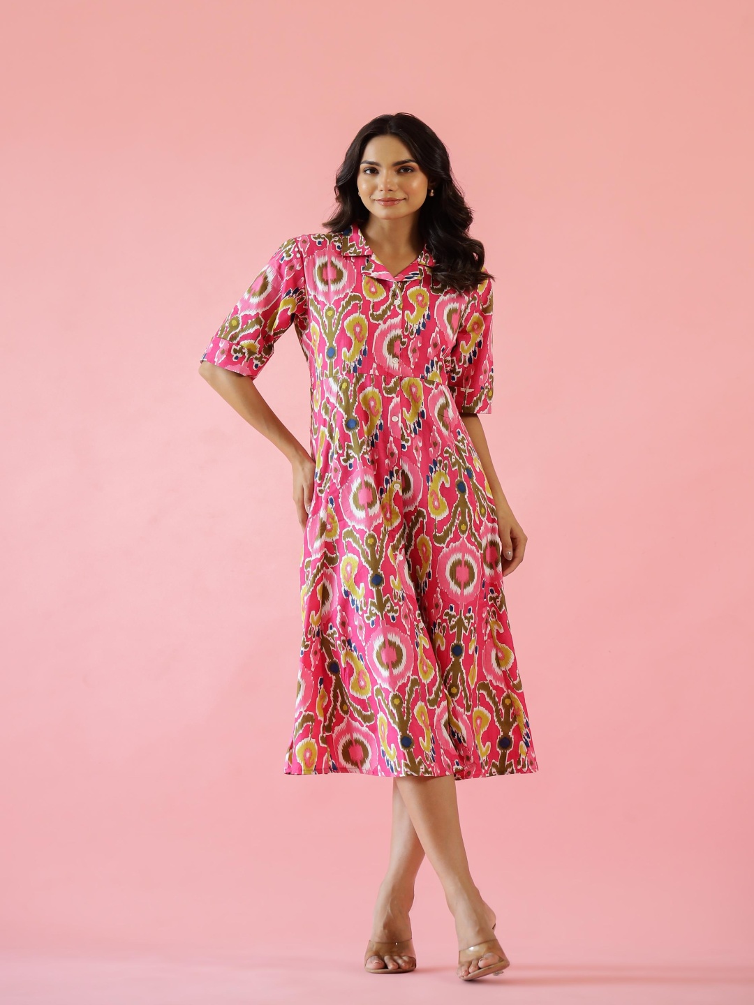 

FLAVIA CREATION Ethnic Motifs Printed Cotton Shirt Collar Shirt Midi Dress, Pink