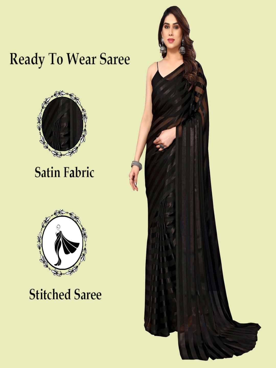 

ANAND SAREES Striped Satin Ready to Wear Saree, Black