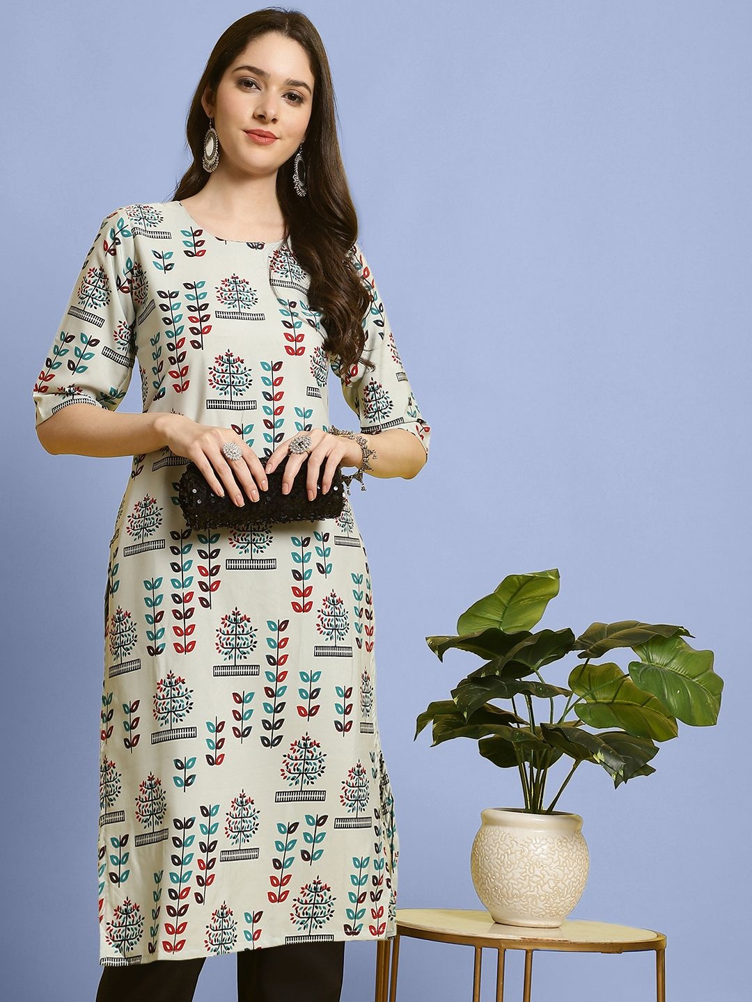

7Threads Ethnic Motifs Printed Round Neck Straight Kurta With Trousers, Off white