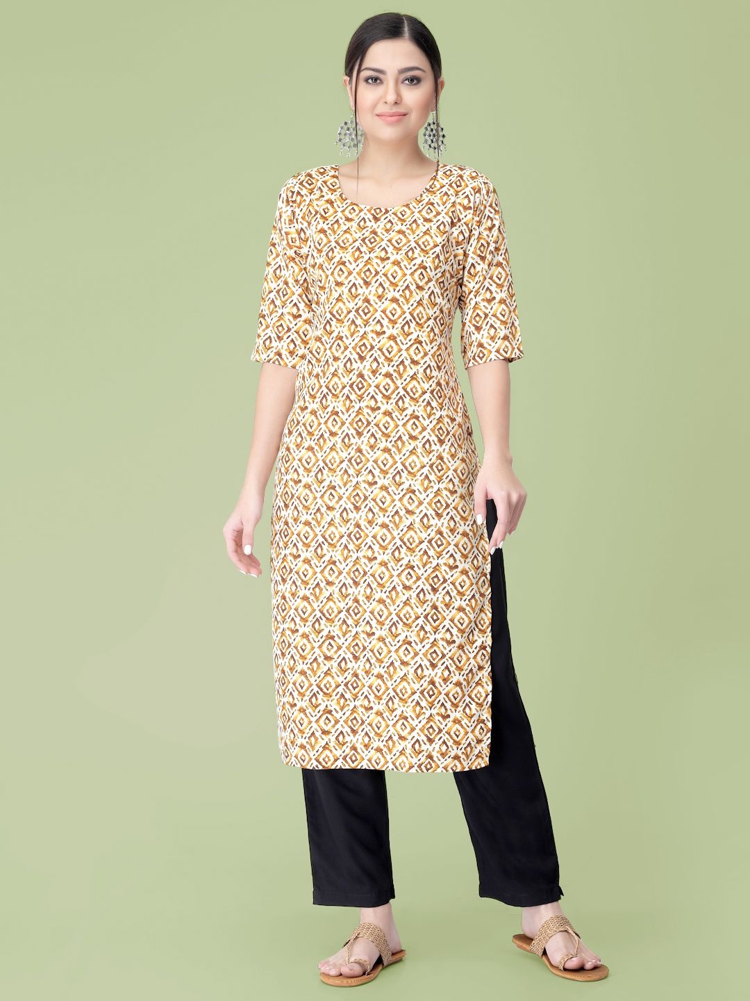 

7Threads Geometric Printed Round Neck Straight Kurta with Trousers, Beige